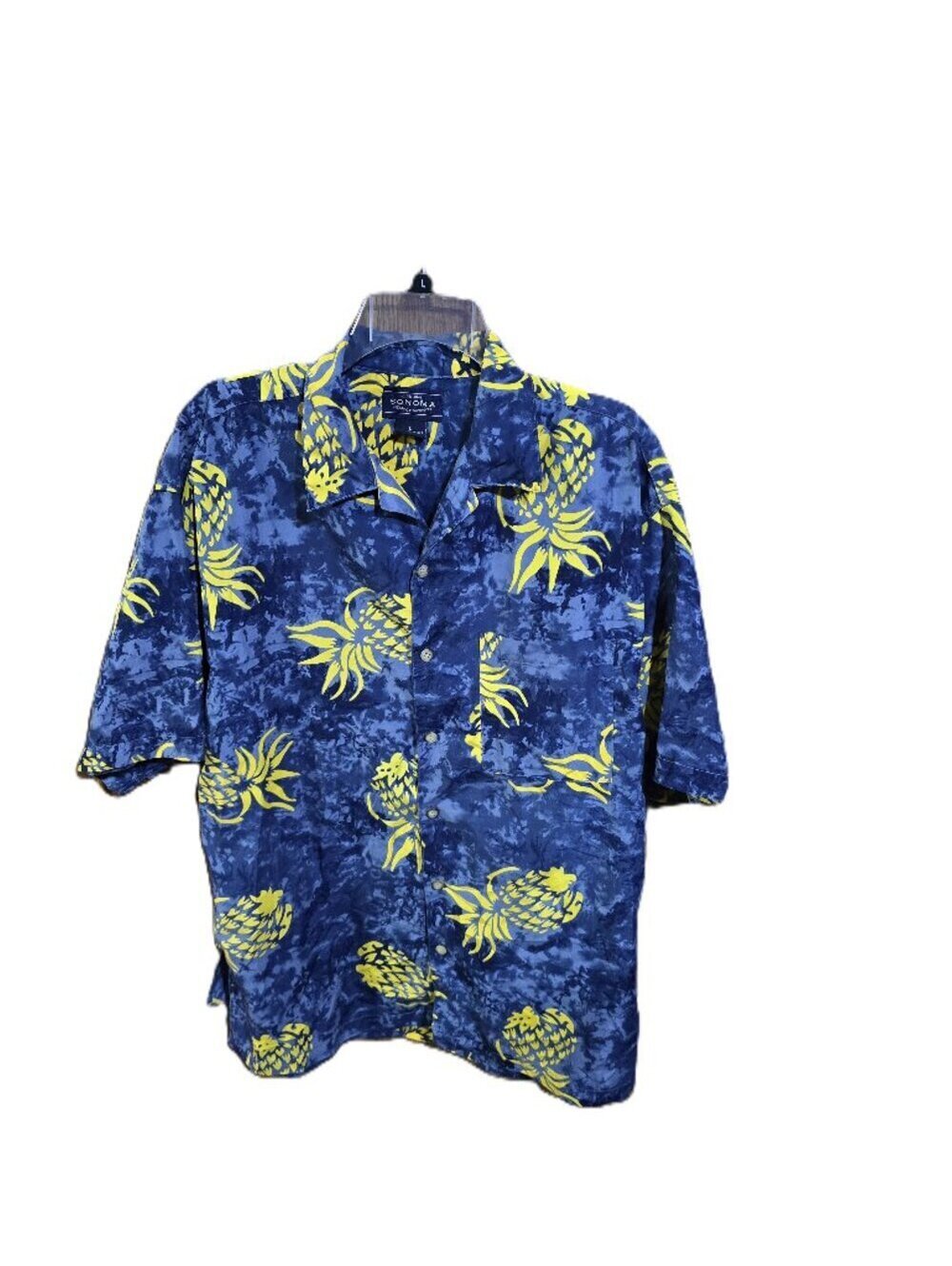 Sonoma Tropical Button Down Shirt Blue Yellow Pineapples